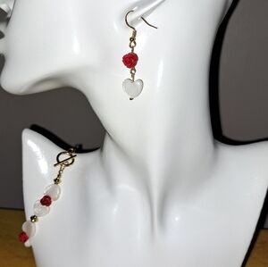 Mother of Pearl Heart and Red Cinnabar Rose Earring and Bracelet Set in 14K Gold
